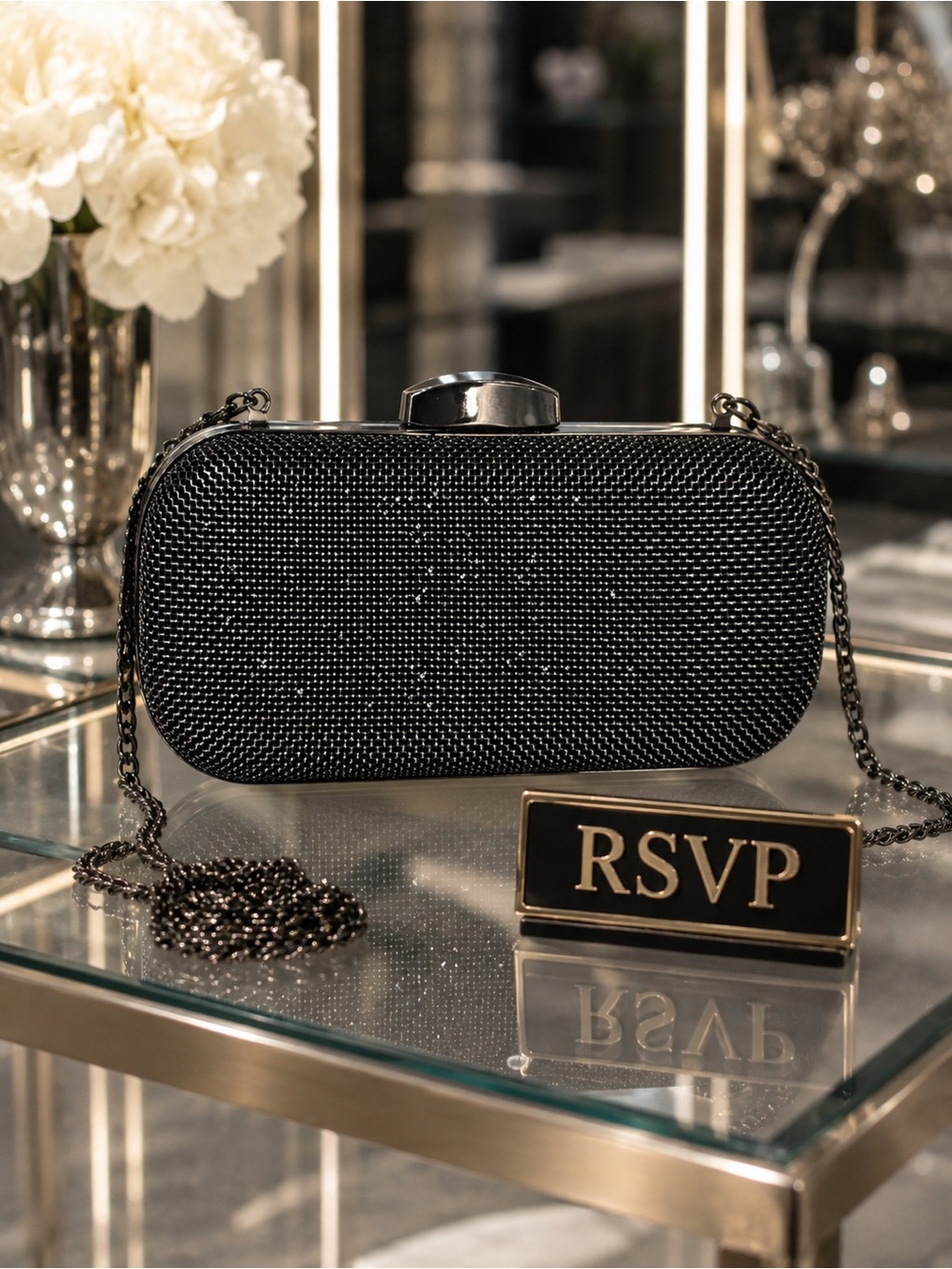 RSVP Vintage Black Solver Metal Mesh Evening Clutch – Chain Strap-NWOT